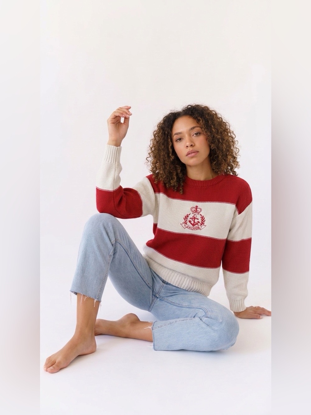 Melbourne vintage crew neck sweater with red and white horizontal stripe pattern